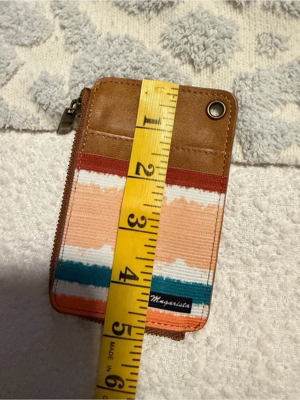 Brown and Coral Stripe Canvas Card Wallet with Zip